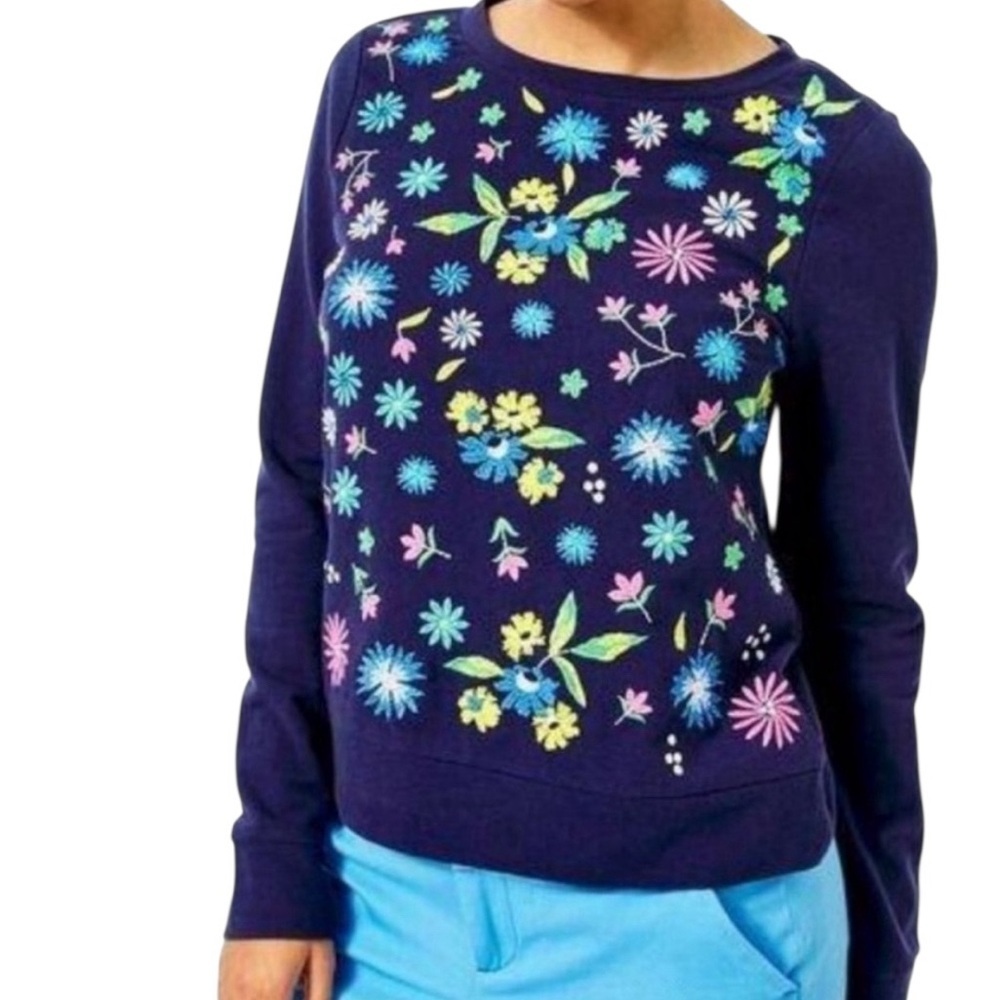 Lilly Pulitzer Rami multi color Floral embroidered true navy Sweatshirt sz small